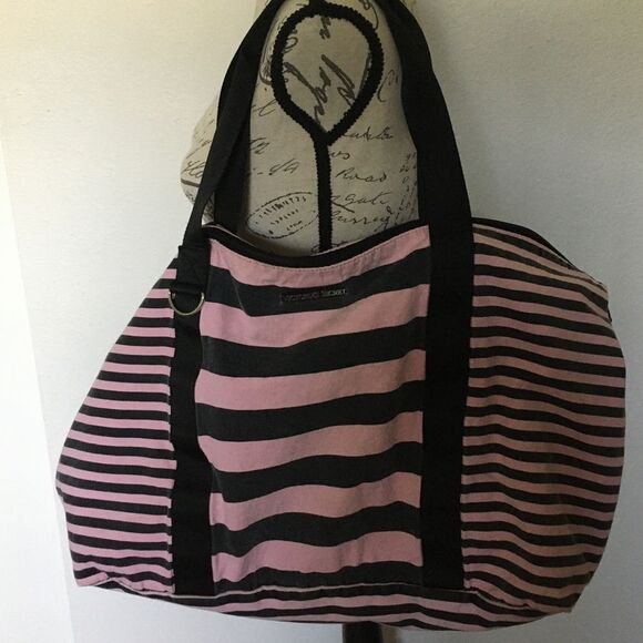 Y2K Victoria’s Secret Fabric Large Weekender Bag, Pink and Black Stripes - Picture 4 of 8